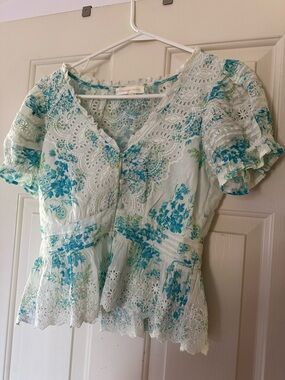 LoveShackFancy White & Blue Floral Eyelet Peplum Blouse
